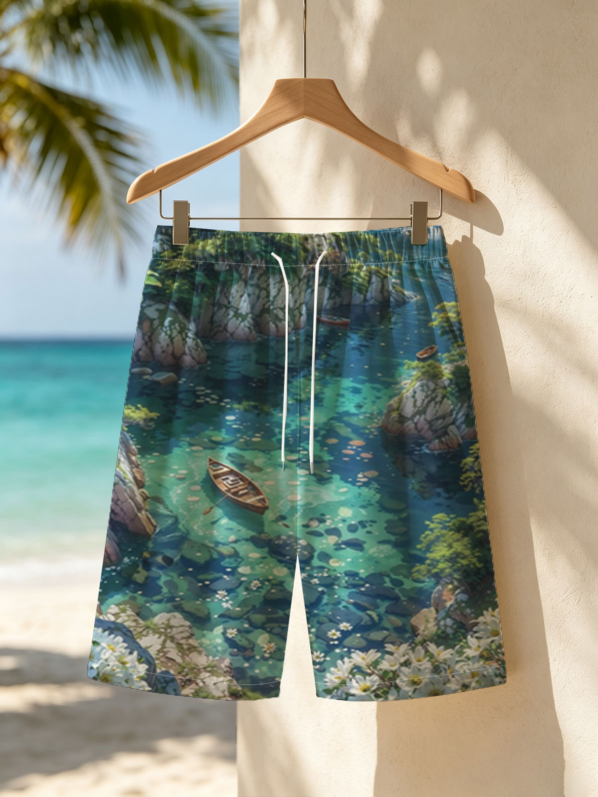 A serene boat floats on crystal-clear waters surrounded by rocky cliffs and blooming flowers. -  Beach shorts