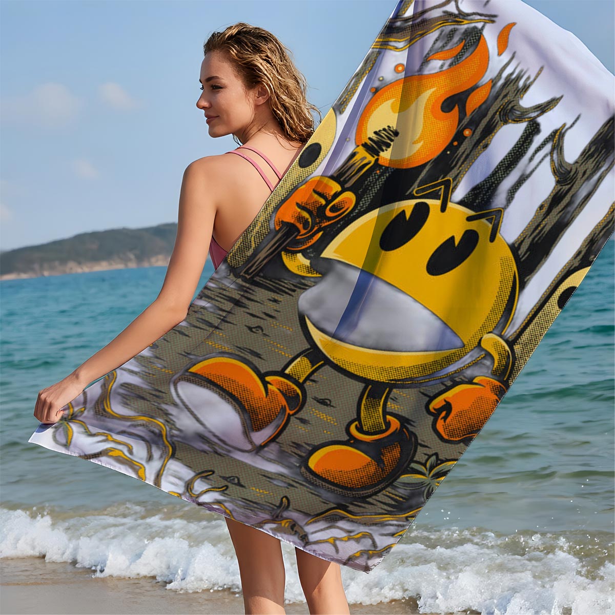 Pac-Man in the Haunted Forest with Ghosts and Torch - Beach towels