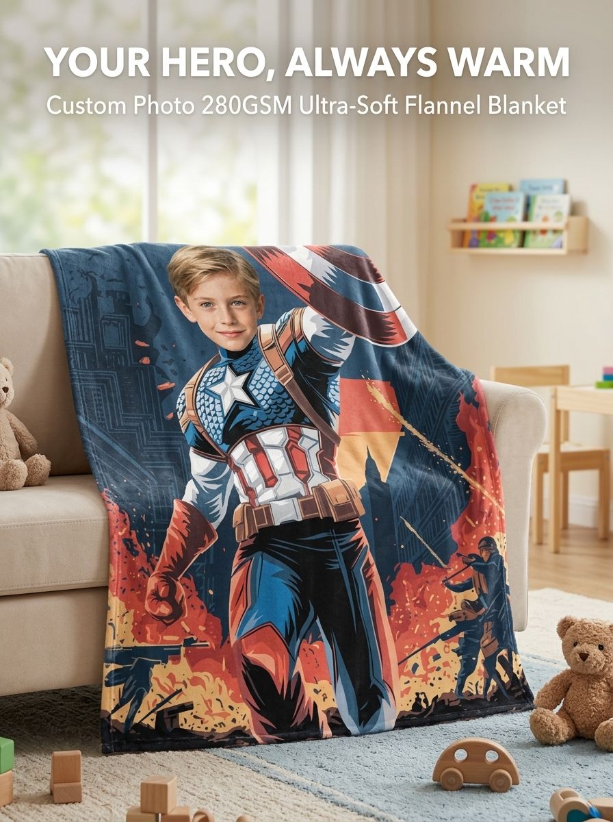 Custom Photo Face Superhero Fleece Blanket Personalized Flannel Throw for Kids Bed Couch Cozy Gift