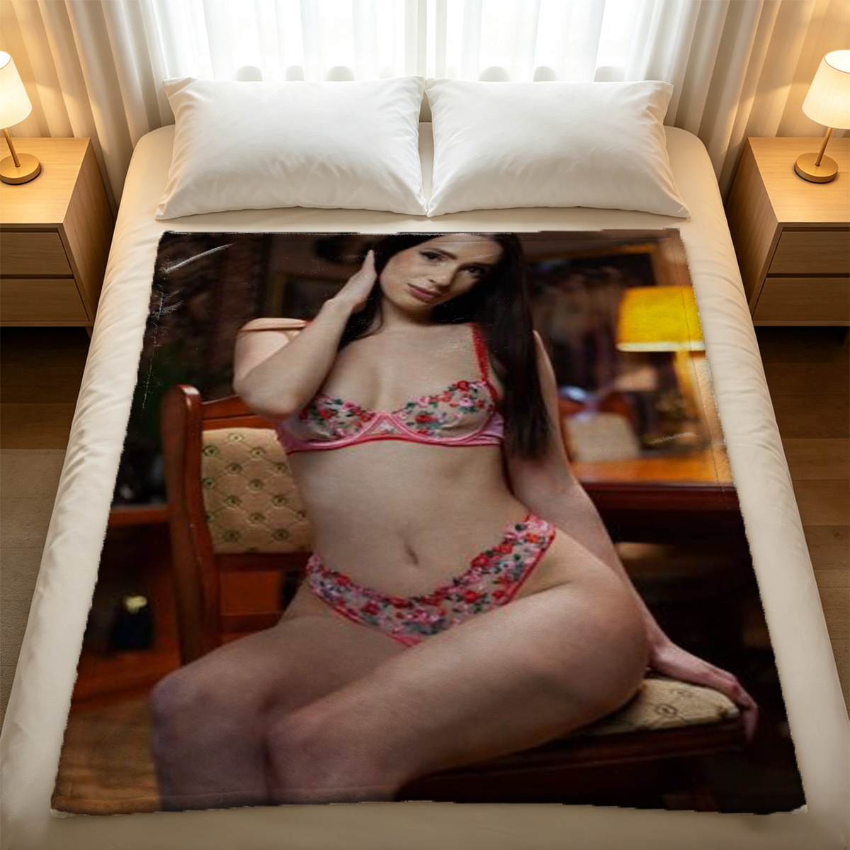 Blonde beauty in sheer beige bodysuit lying seductively on carpet - Blanket