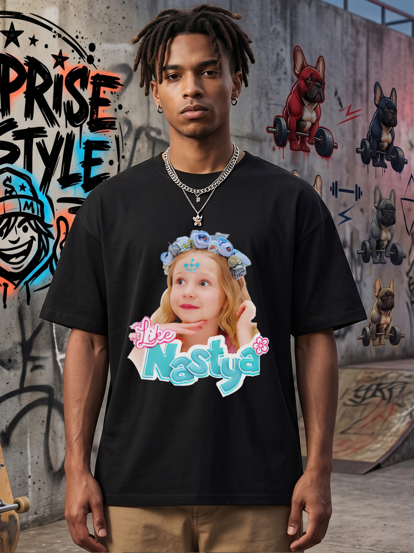 Men's Like Nastya Floral Crown Design Fun Cartoon Print Casual Crew Neck Short Sleeve T-Shirt, Lightweight Breathable Summer Top for Daily Outings & Casual Gatherings, Trendy Wear for Young Men