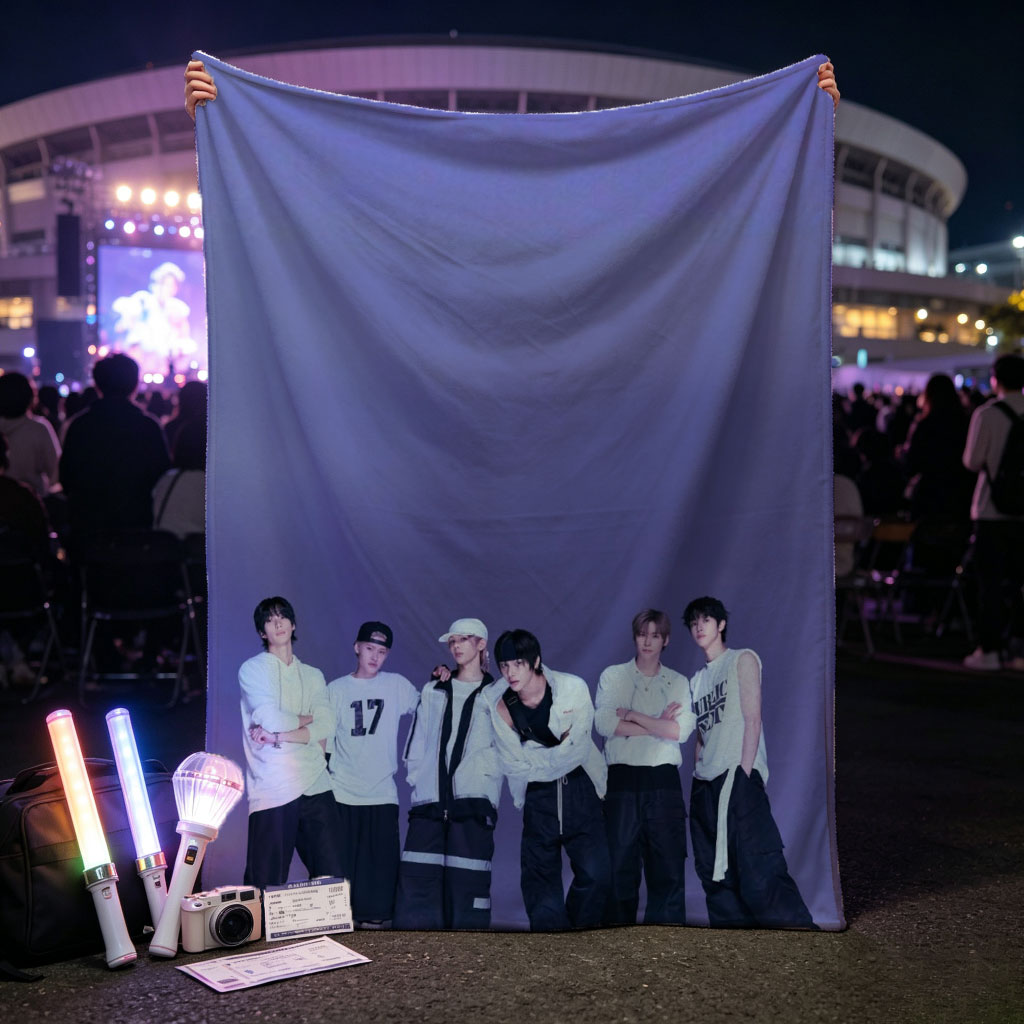 ENHYPEN Group Photo in Stylish White and Black Outfits Against a Purple Gradient Background - Blankets