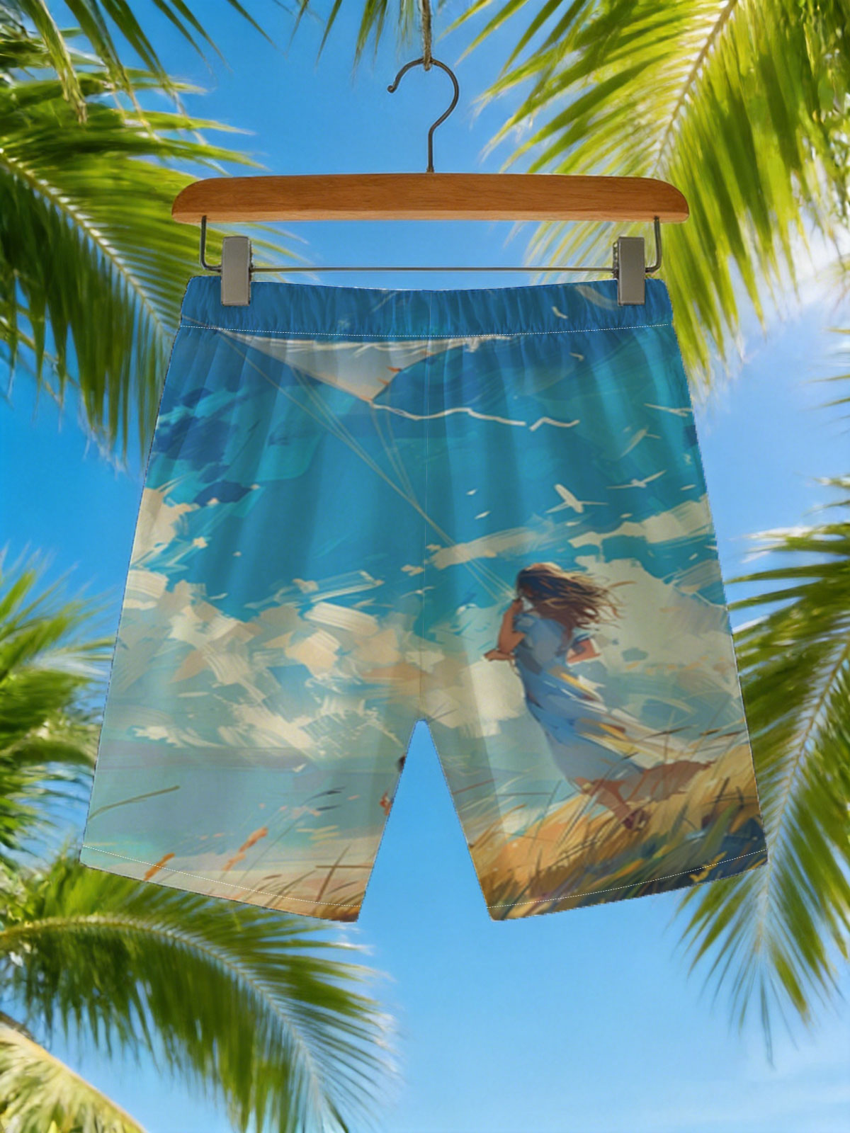 Mother and child flying a kite in a golden field under a vibrant blue sky. -  Beach shorts