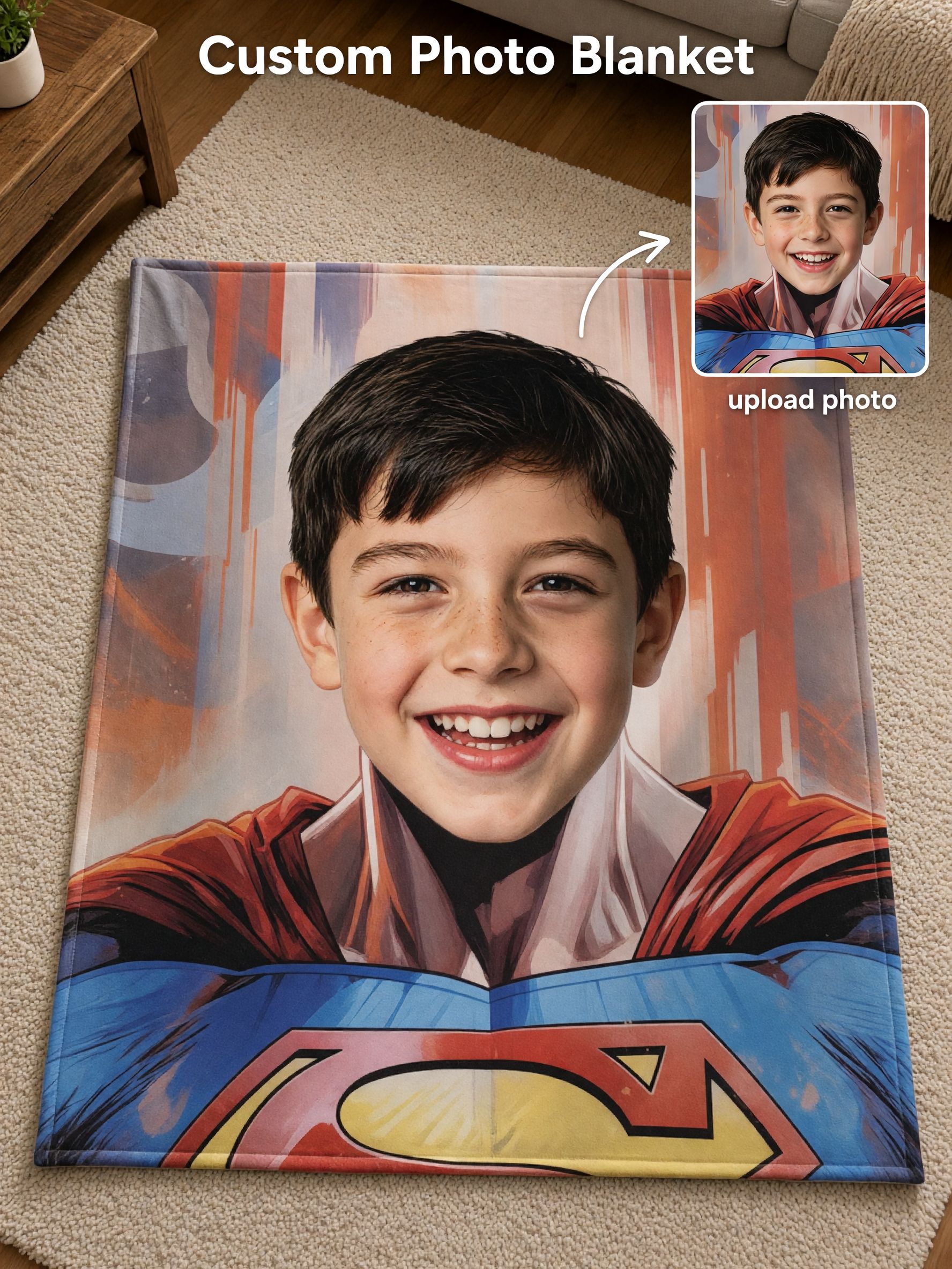 Custom Face Photo Blanket, Soft Flannel Fleece Superhero Throw, Ideal Personalized Gift for Kids Couch and Bedroom