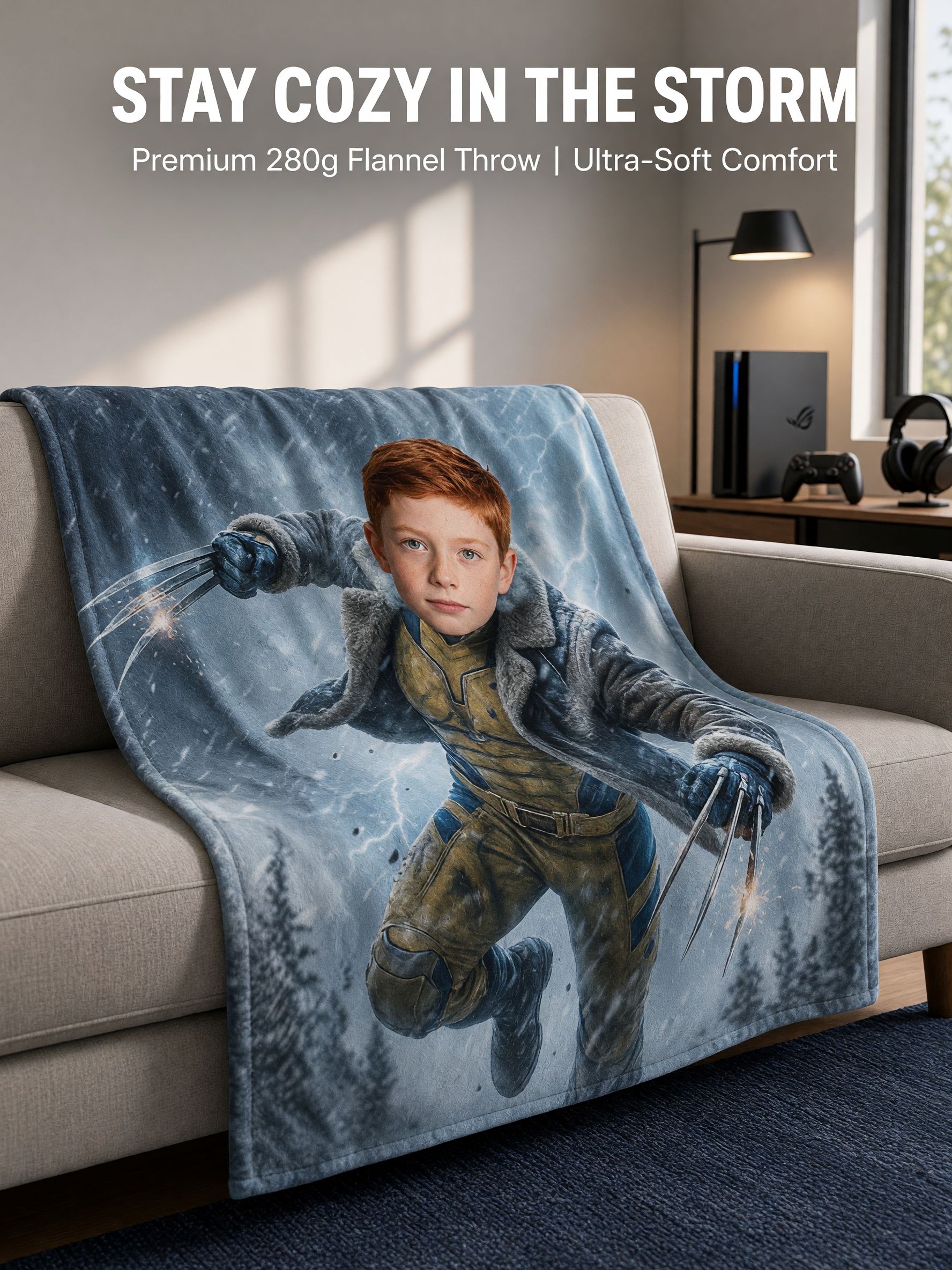 Personalized Face Blanket Custom Photo Superhero Warrior Flannel Fleece Throw, Cozy Bed Couch Travel Gift for Family