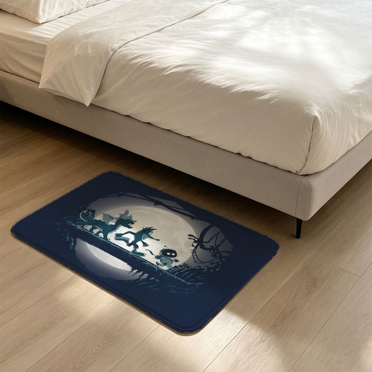 Night Run: Dragon, Wolf, and Robot Under Full Moon - Flannel floor mat