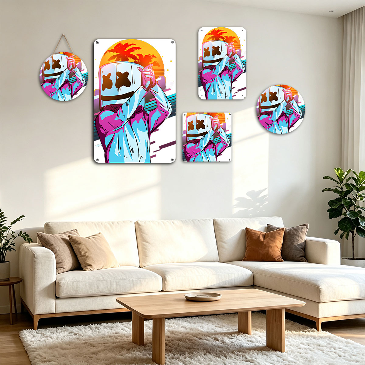 Marshmello in a vibrant neon outfit against a sunset cityscape, holding a phone to his head. - painting