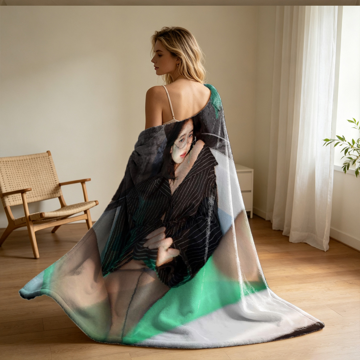 Nude Asian Woman Reading Book in Black Stockings - Blanket