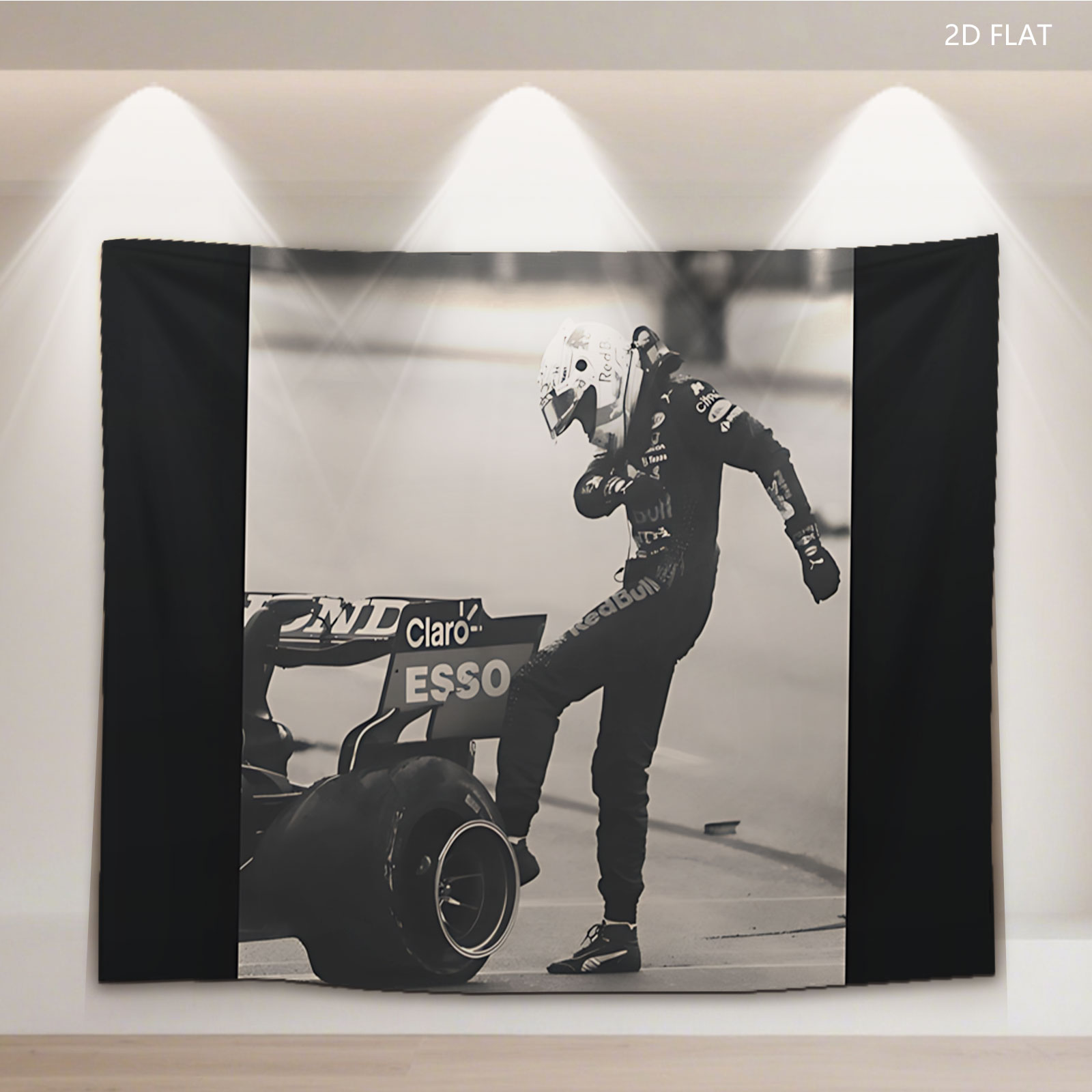 F1 Driver in Red Bull Racing Suit Leaning on Car - Tapestry