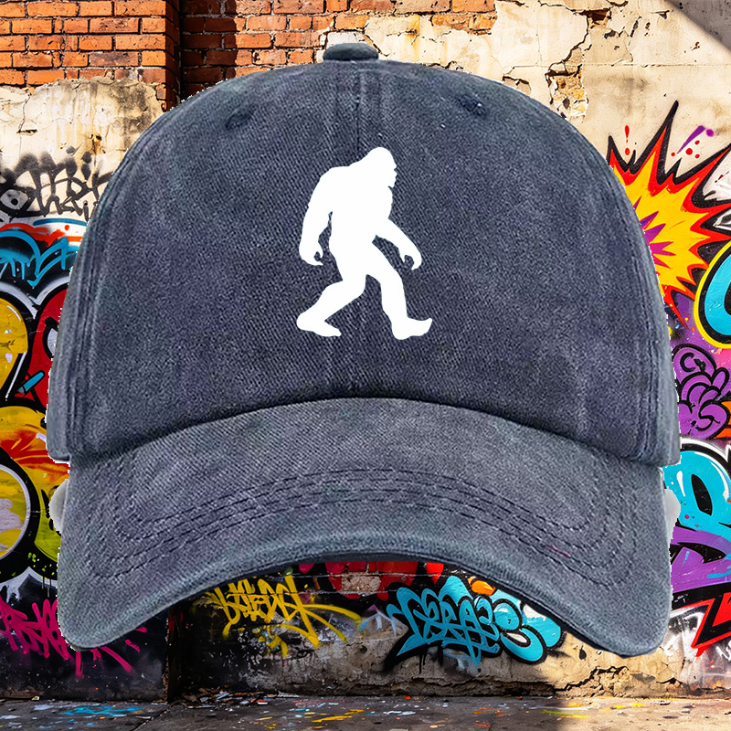 Men's Bigfoot Print Washed Cotton Hat - Casual Round Brim Summer Lightweight Cap for Outdoor Adventures, Hiking, Camping, and Everyday Wear - Perfect for Nature Enthusiasts and Adventure Seekers