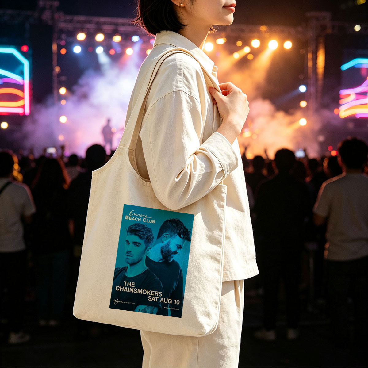 The Chainsmokers at Encore Beach Club - Live Performance Poster for August 10 Event - Canvas shoulder bags/