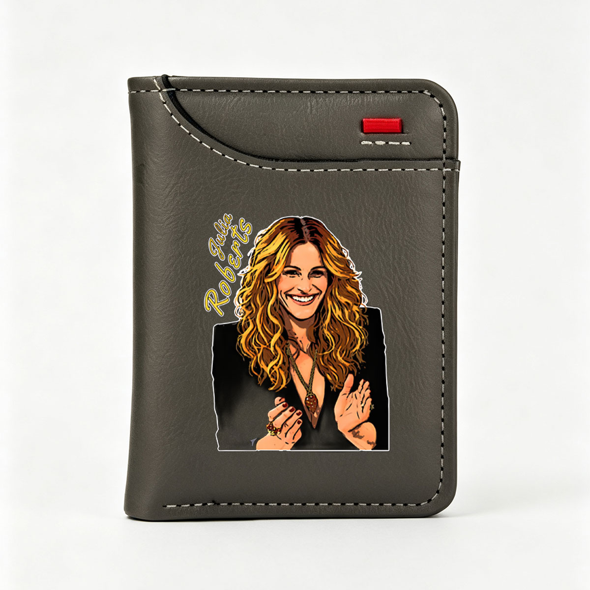 Julia Roberts Portrait: Vibrant Cartoon Style with Long Curly Hair and Warm Smile - Vertical Style Wallet