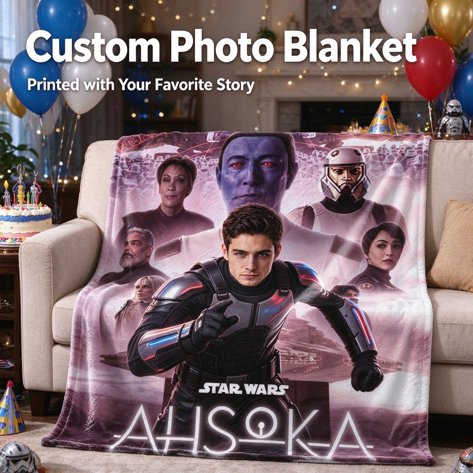 Custom Photo Face Flannel Blanket Personalized Sci Fi Space Warrior Portrait Soft Plush Throw for Sofa Bed and Travel