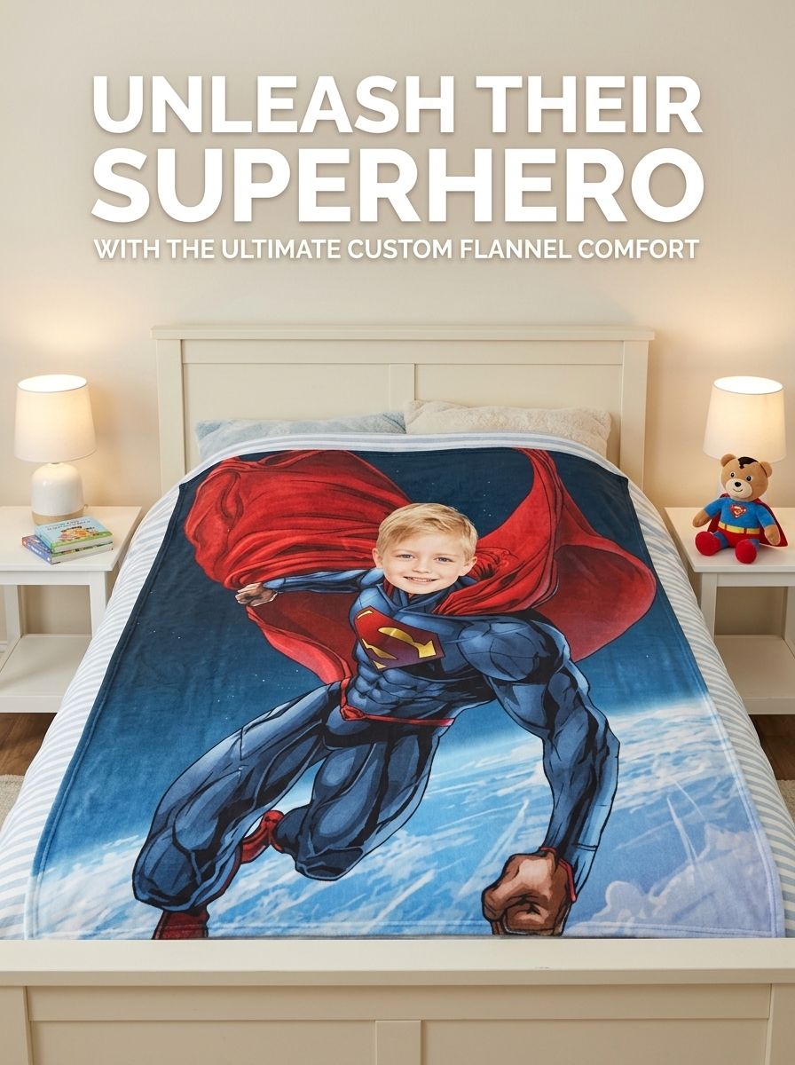 Personalized Superhero Face Photo Flannel Throw Blanket Ultra Soft Anti-Pilling Fleece Bed Cover Ideal Custom Gift