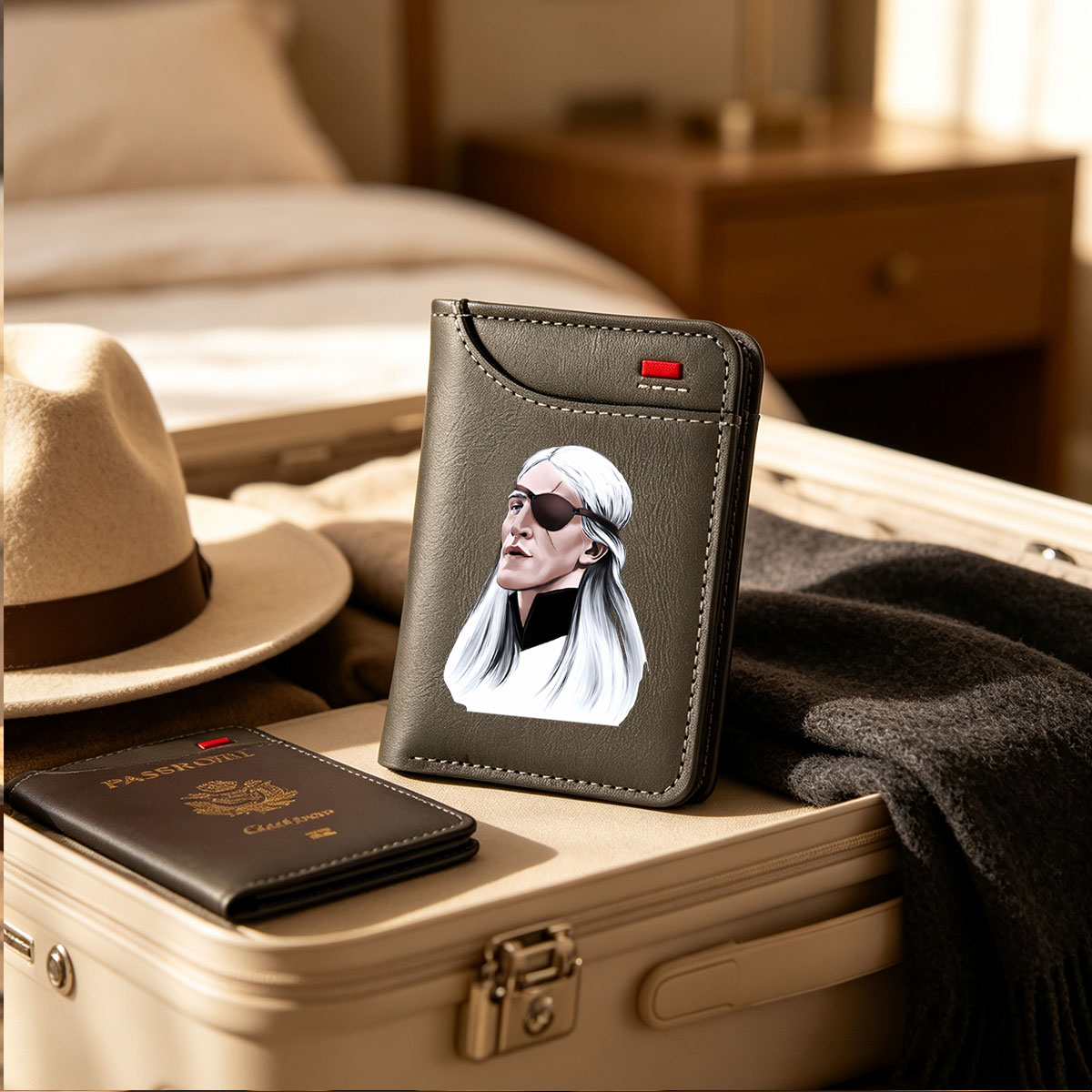 White-Haired Man with Eye Patch, Long Hair, Dark Clothing, Profile View - Vertical Style Wallet