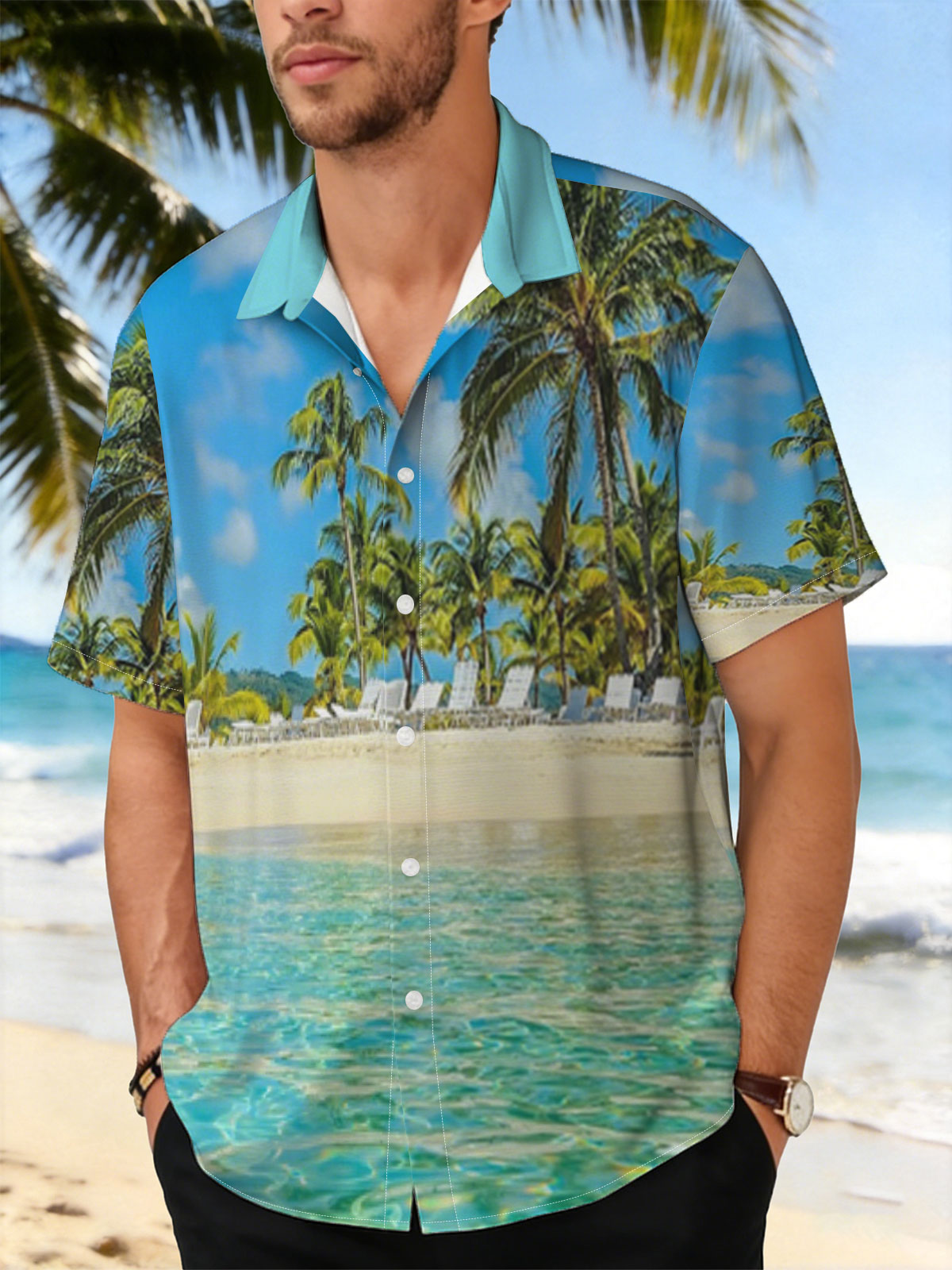 Crystal clear waters meet sandy beach with palm trees and lounge chairs under a bright blue sky. -  Shirt