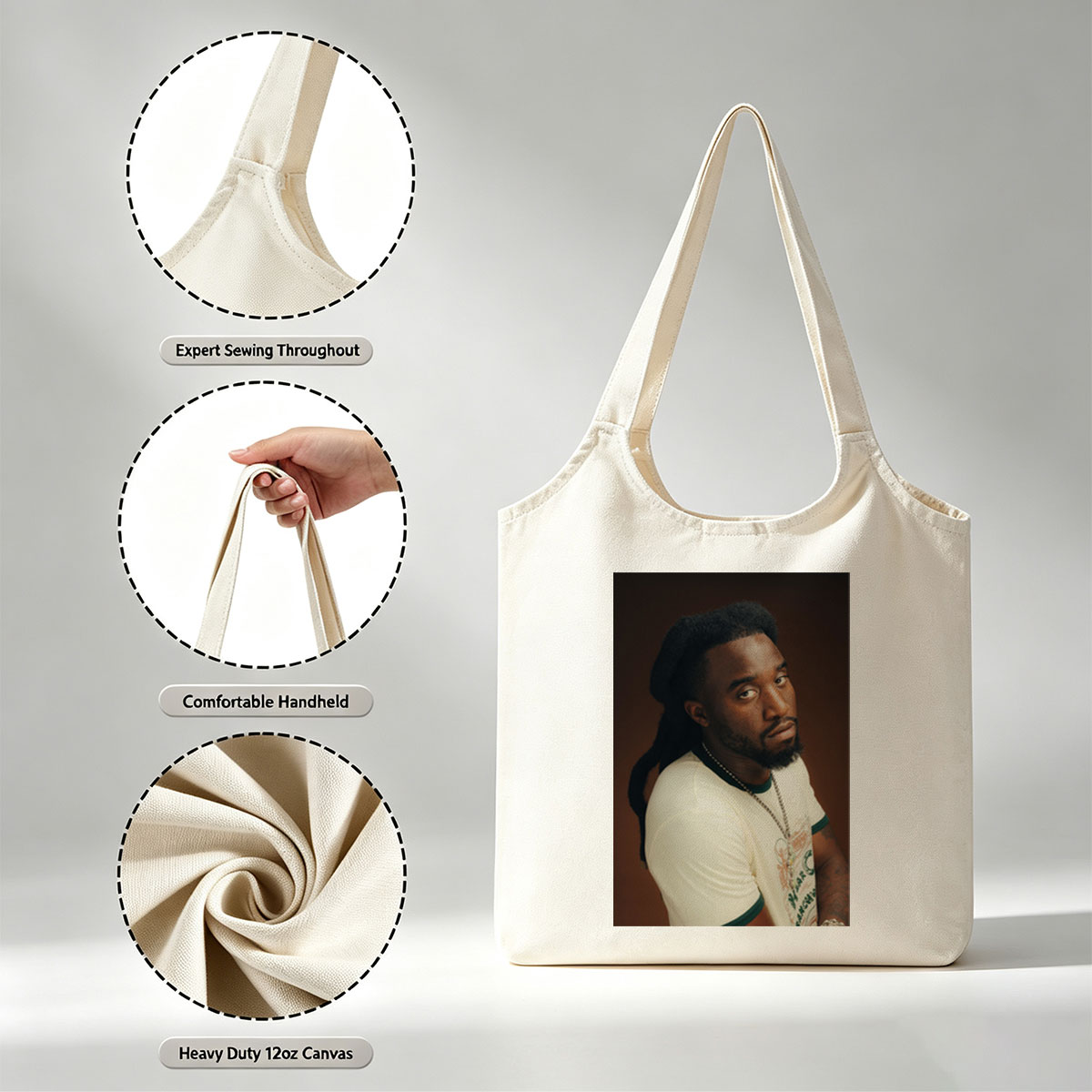 Burna Boy in a Stylish Portrait Wearing a White T-Shirt and Beaded Necklace - Canvas shoulder bags/