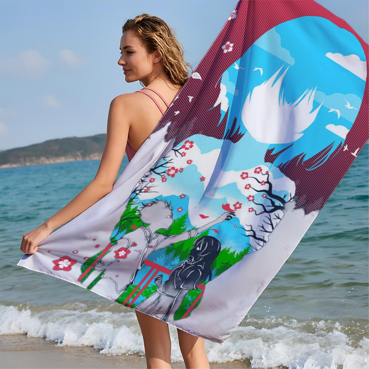 Two Figures Under Cherry Blossoms with Mountain Landscape and Sky Background - Beach towels