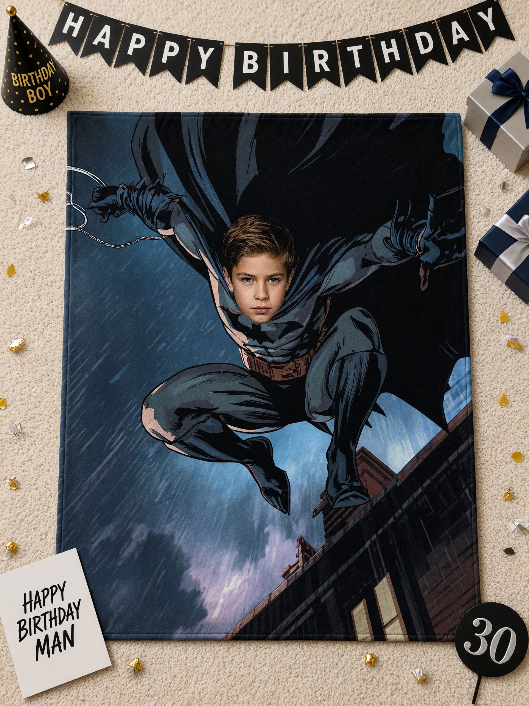 Custom Superhero Face Photo Blanket Personalized Flannel Fleece Throw for Bed Couch Skin Friendly Warm Comic Gift