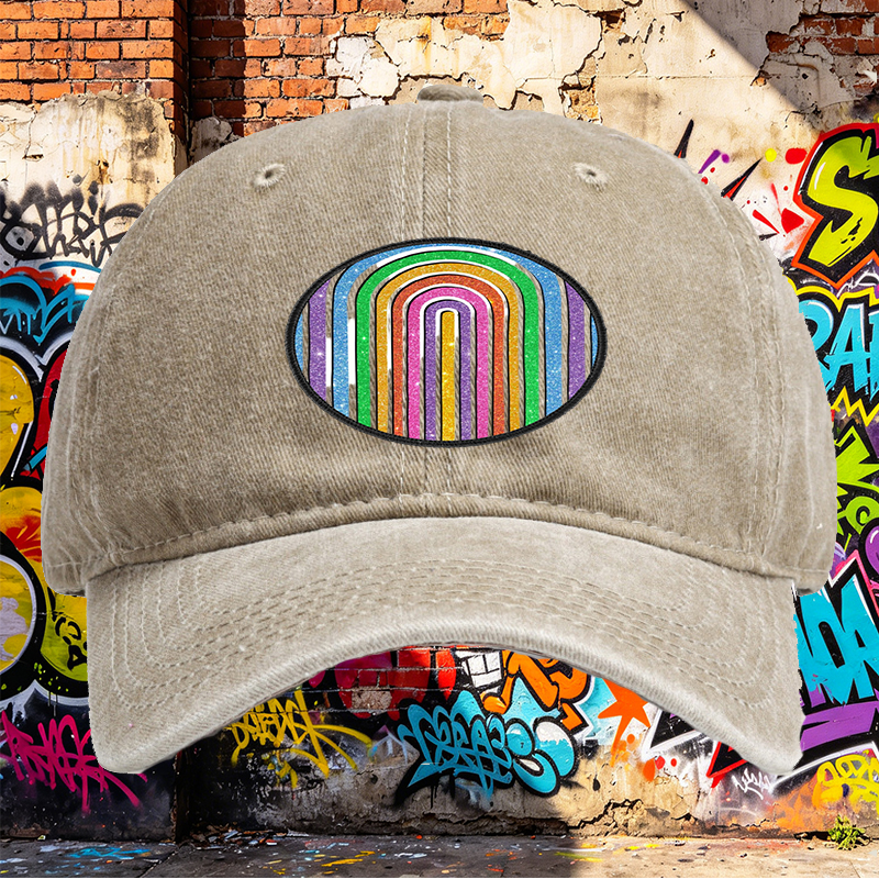 Unisex Classic Washed Cap with Glitter Rainbow Arc Patch Design – Perfect for Casual Outings, Music Festivals, and Everyday Wear – Ideal for Young Adults and Trend-Loving Individuals