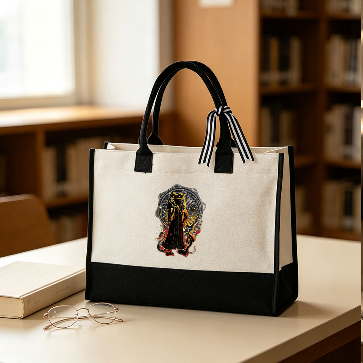 King of the Shadows: Mythic Lion with Crown and Serpent - Canvas patchwork gift tote bag