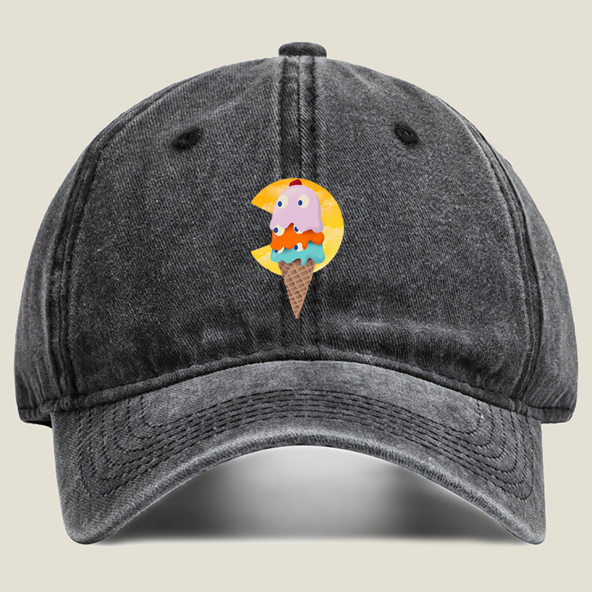 Pac-Man Ice Cream Cone - Washed Denim - Baseball Cap