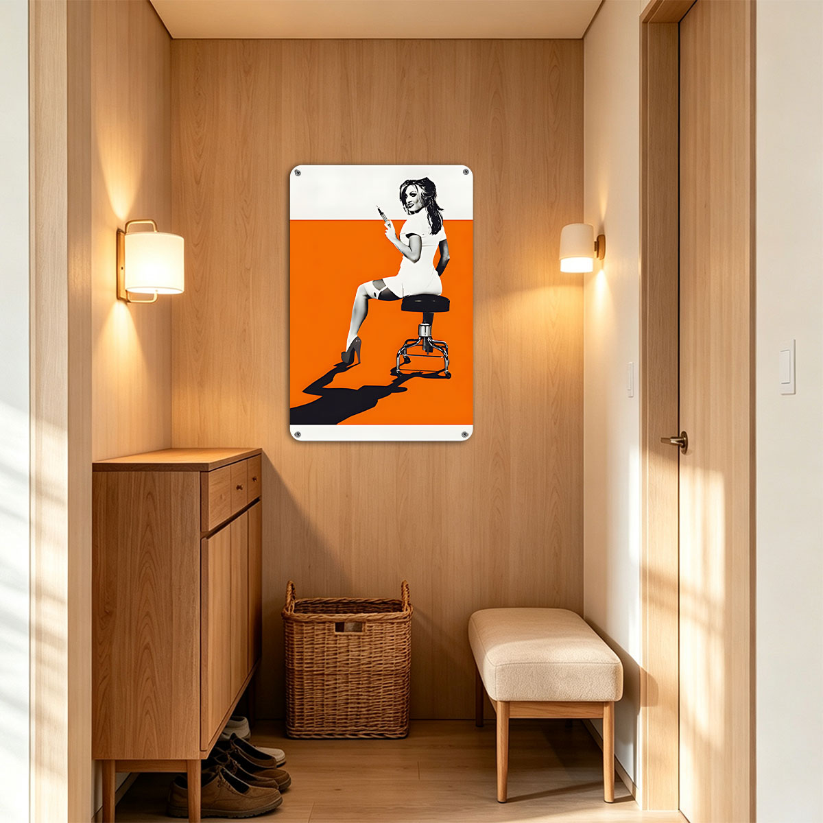 Nurse in White Dress Holding Syringe on Stool Against Orange Background - painting