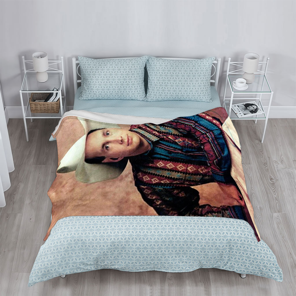 Garth Brook in Cowboy Attire with Colorful Patterned Shirt and White Hat - Blankets