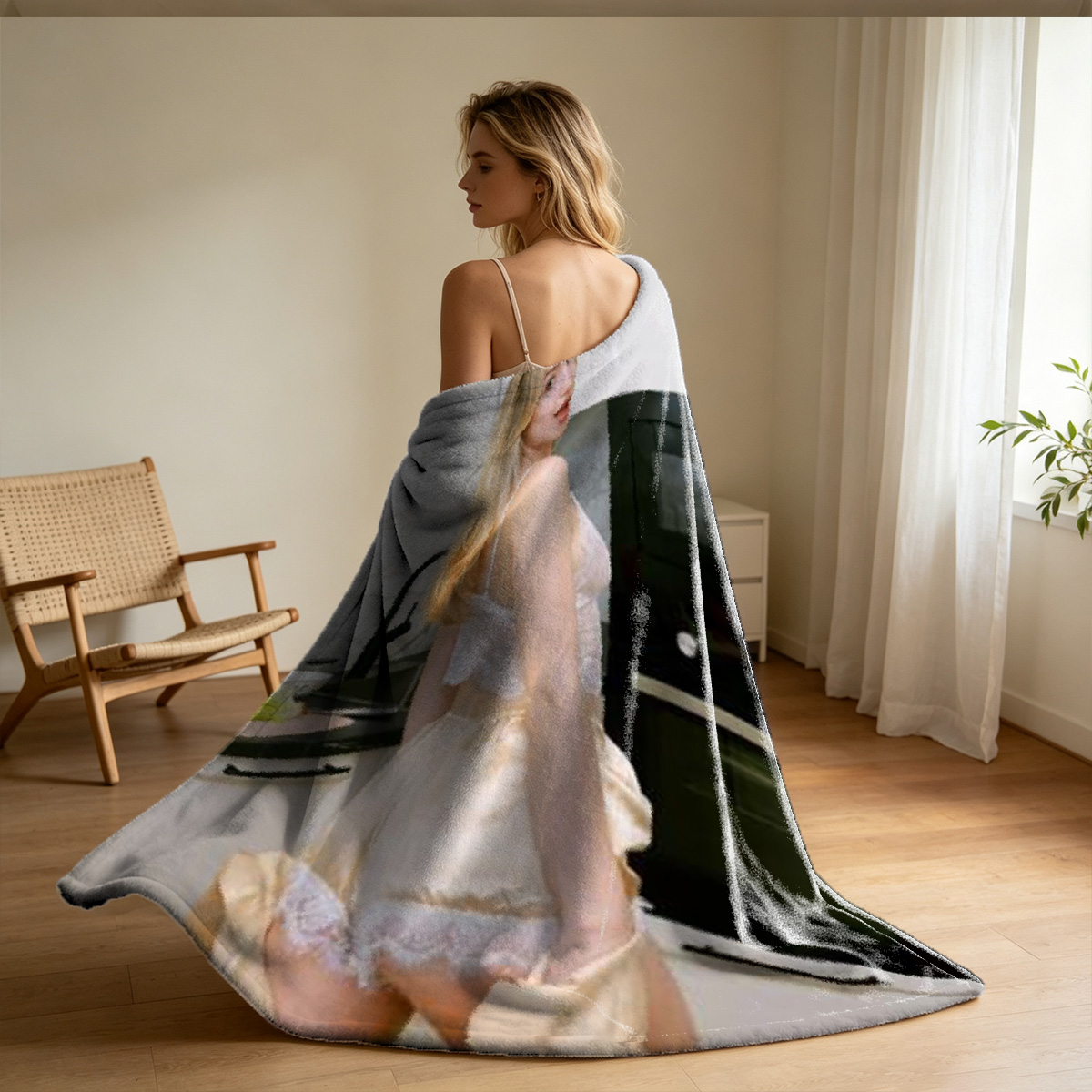 Blonde Woman Eyes Closed in Sunlight, Bare Shoulders, Outdoor Nature Background - Blanket