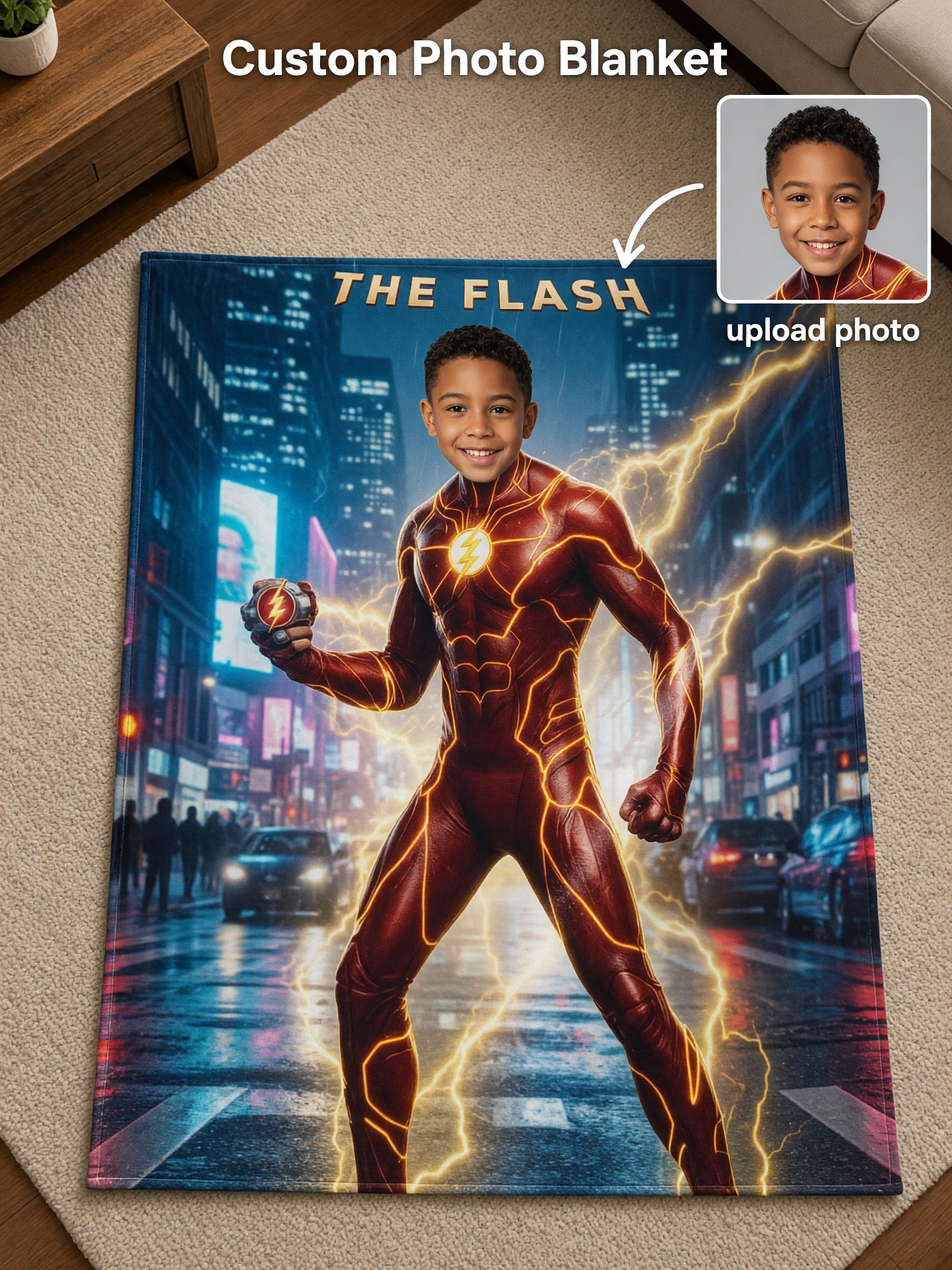 Custom Face Superhero Flannel Blanket, Personalized Photo Soft Warm Throw Blanket for Couch Bed, Ideal Personalized Gift