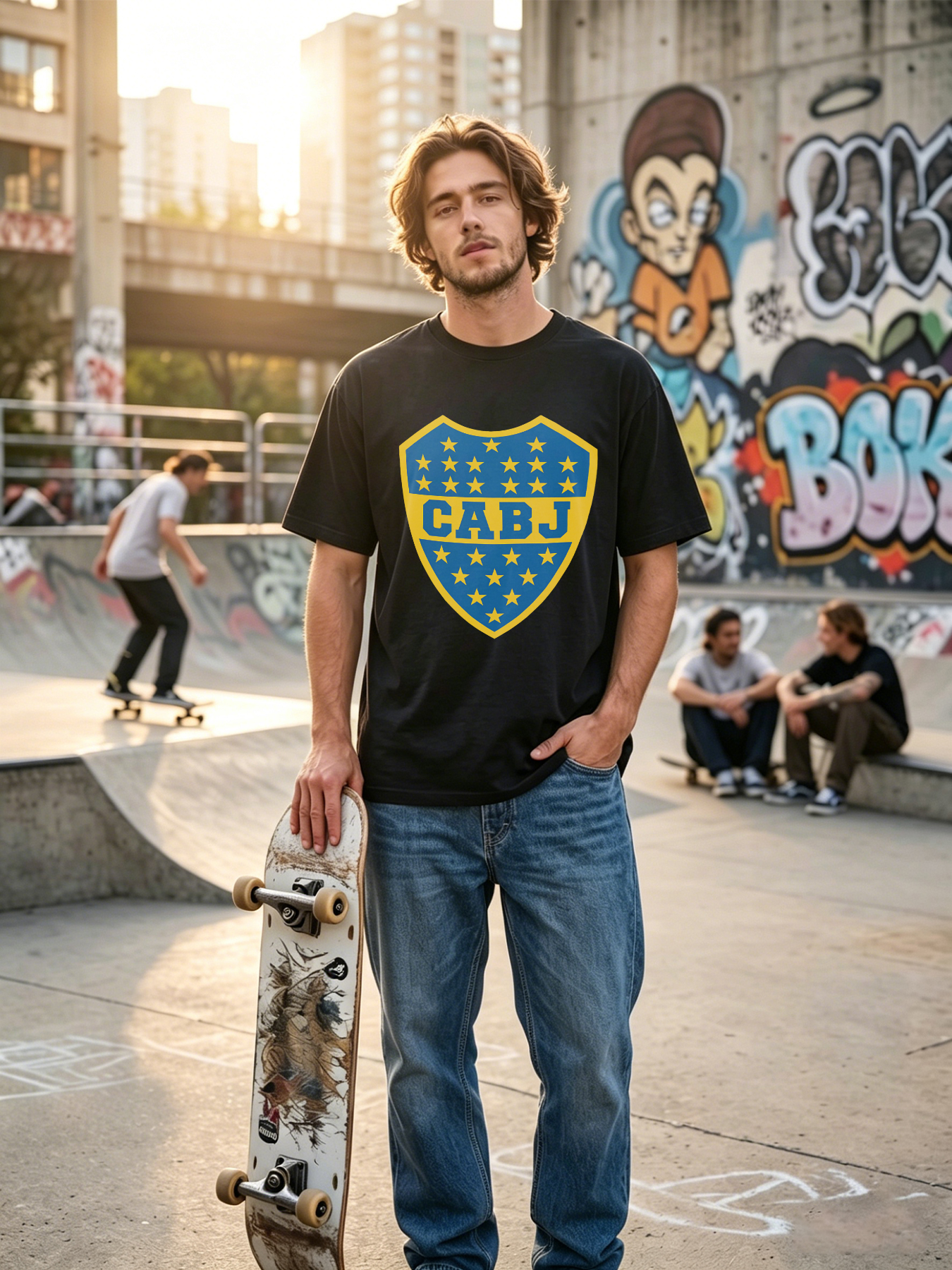 Men's Printed T-Shirt with CABJ Shield Logo and Stars Design, Casual Round Neck Summer Lightweight Breathable Short Sleeve Tee for Sports Fans and Everyday Wear, Suitable for Adults and Football Enthusiasts