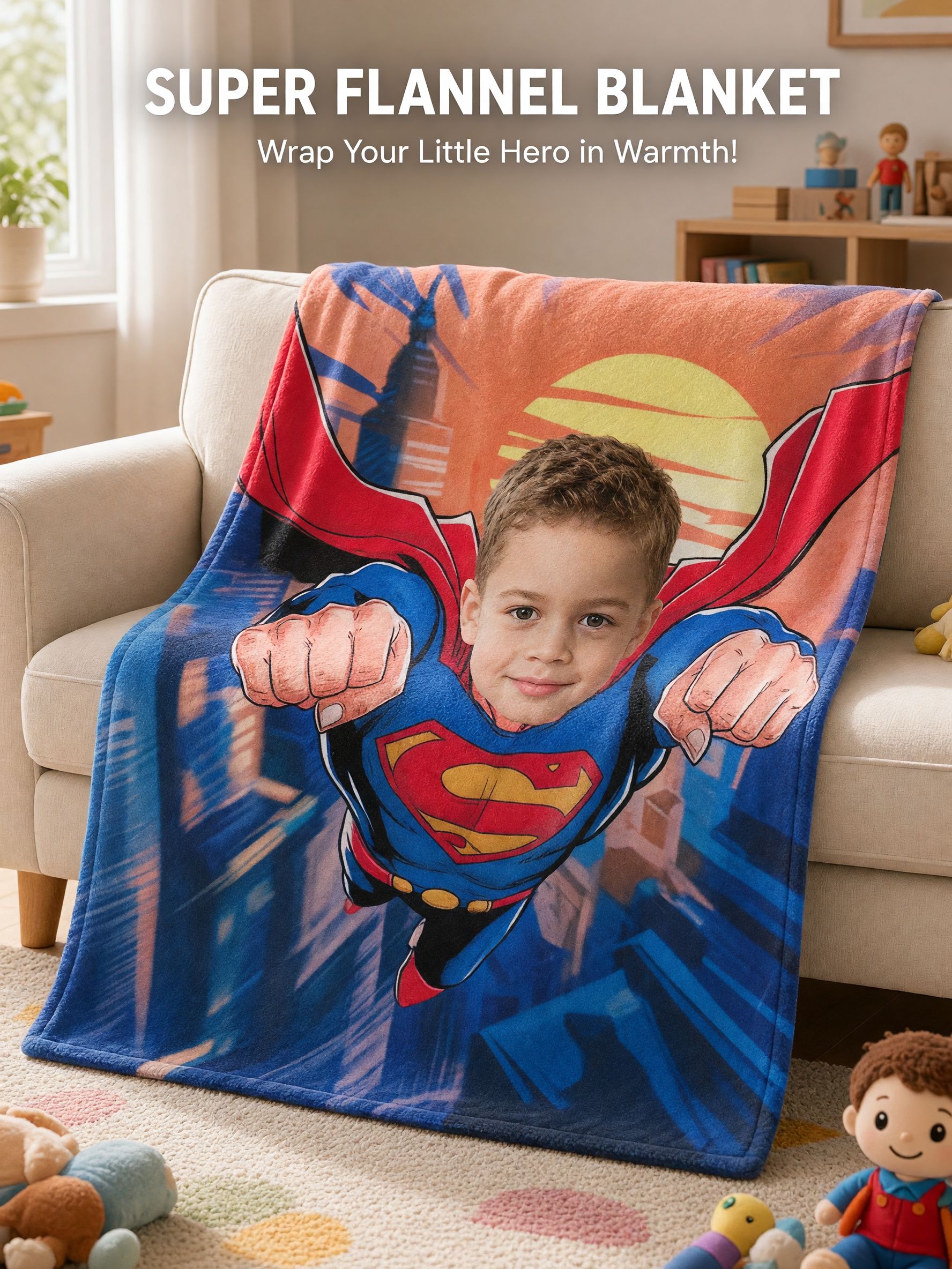 Custom Photo Superhero Blanket, Personalized Face Flannel Throw, Ultra Soft Skin-Friendly Fleece for Bed Couch Travel