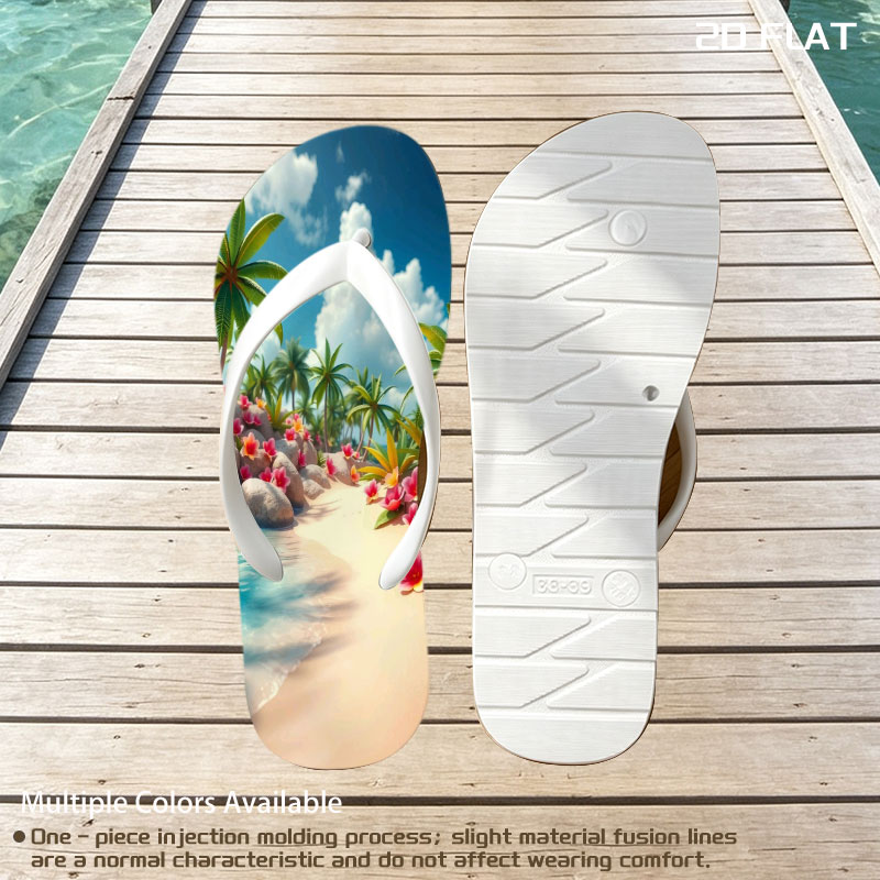 Tropical Beach with Palm Trees and Pink Flowers -  flip-flops