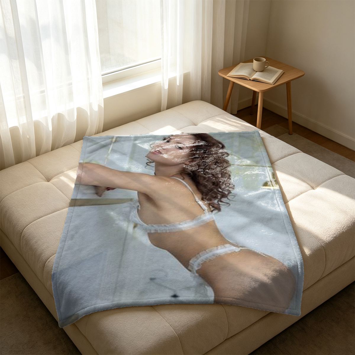 Two Women in Lingerie Kissing on Couch - Blanket
