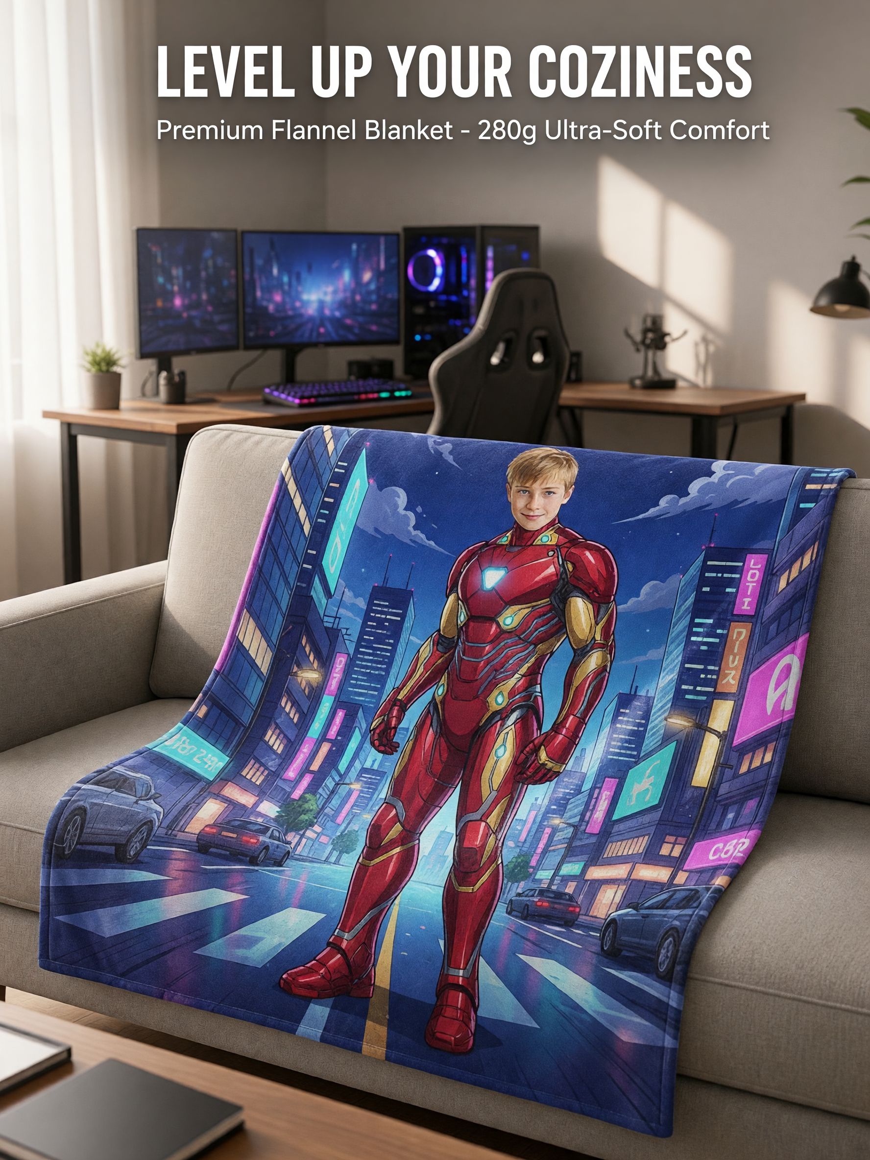 Custom Face Blanket Personalized Superhero Armor Graphic Soft Flannel Throw Cozy Skin-Friendly Birthday Gift for Kids