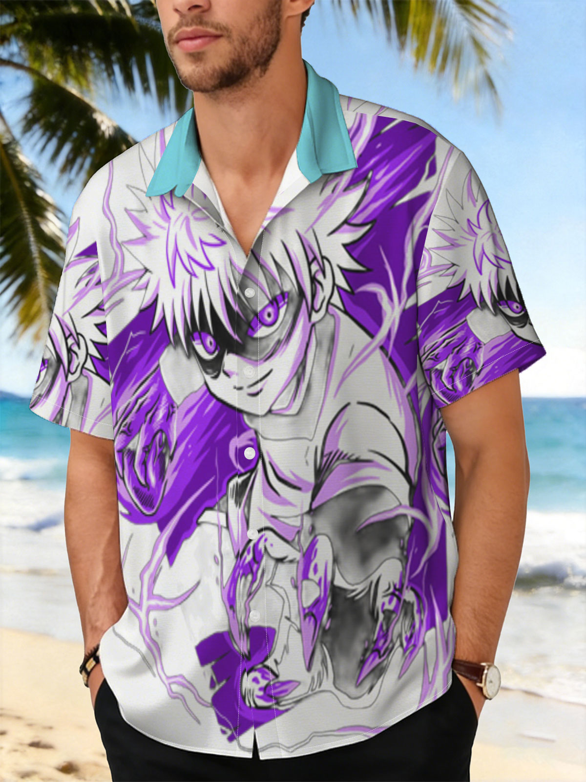 Saitama from One Punch Man in a dynamic pose with purple energy effects -  Shirt