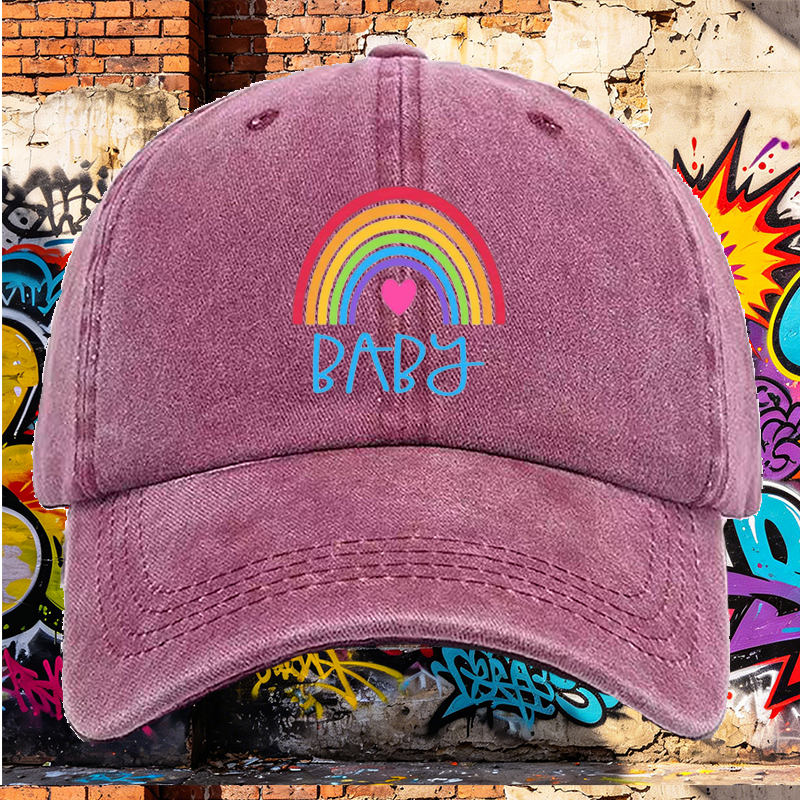 Men's Rainbow Heart Print Washed Cap Baby Text Design Casual Round Brim Summer Lightweight Hat for Outdoor Activities and Daily Wear, Perfect for Young Adults and Trendy Urban Style Lovers
