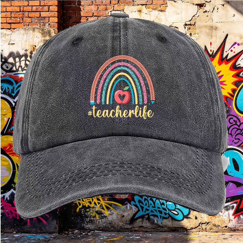 Men's Printed Washed Cap with Rainbow Apple and #teacherlife Design - Casual Round Brim Summer Lightweight Hat for Teachers and Educators