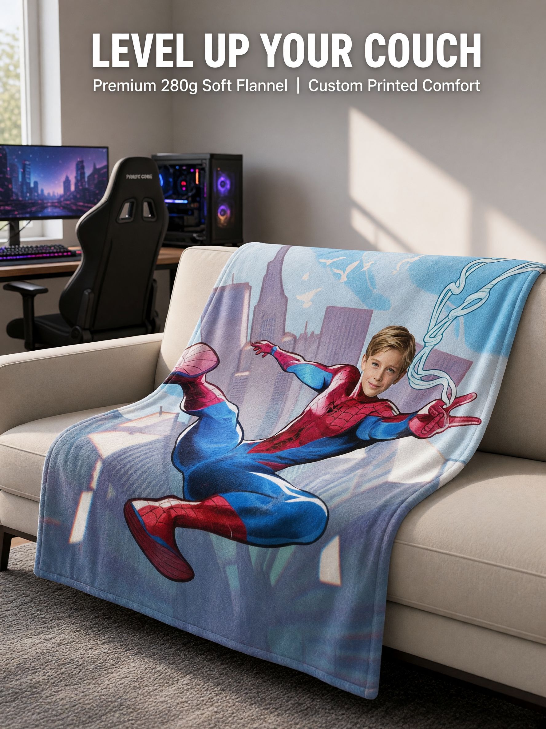 Custom Face Superhero Flannel Blanket, Personalized Photo Comic Throw for Kids, Ideal Cozy Gift for Bed and Couch