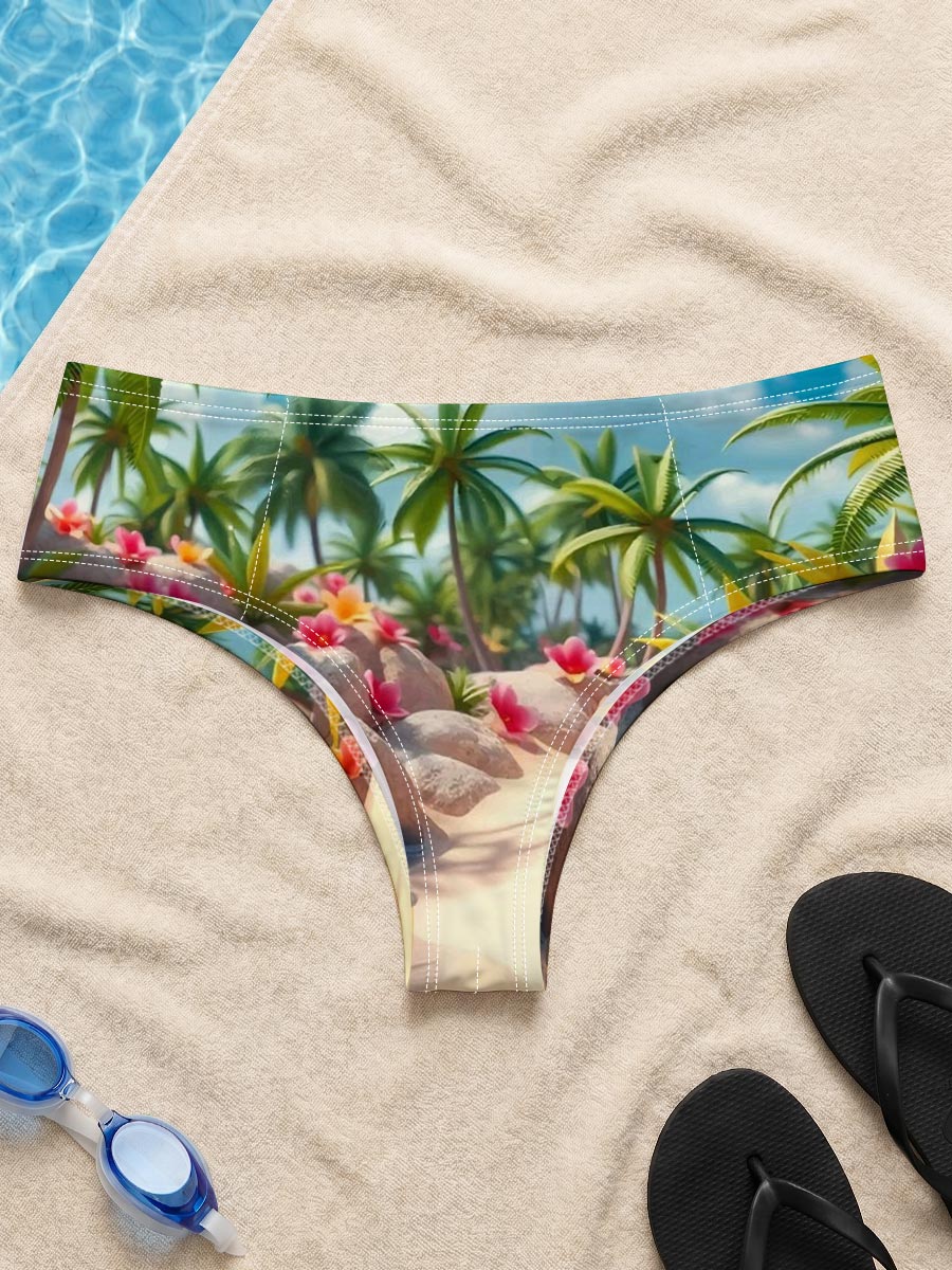 Tropical Beach with Palm Trees and Pink Flowers -  Men's swim trunks