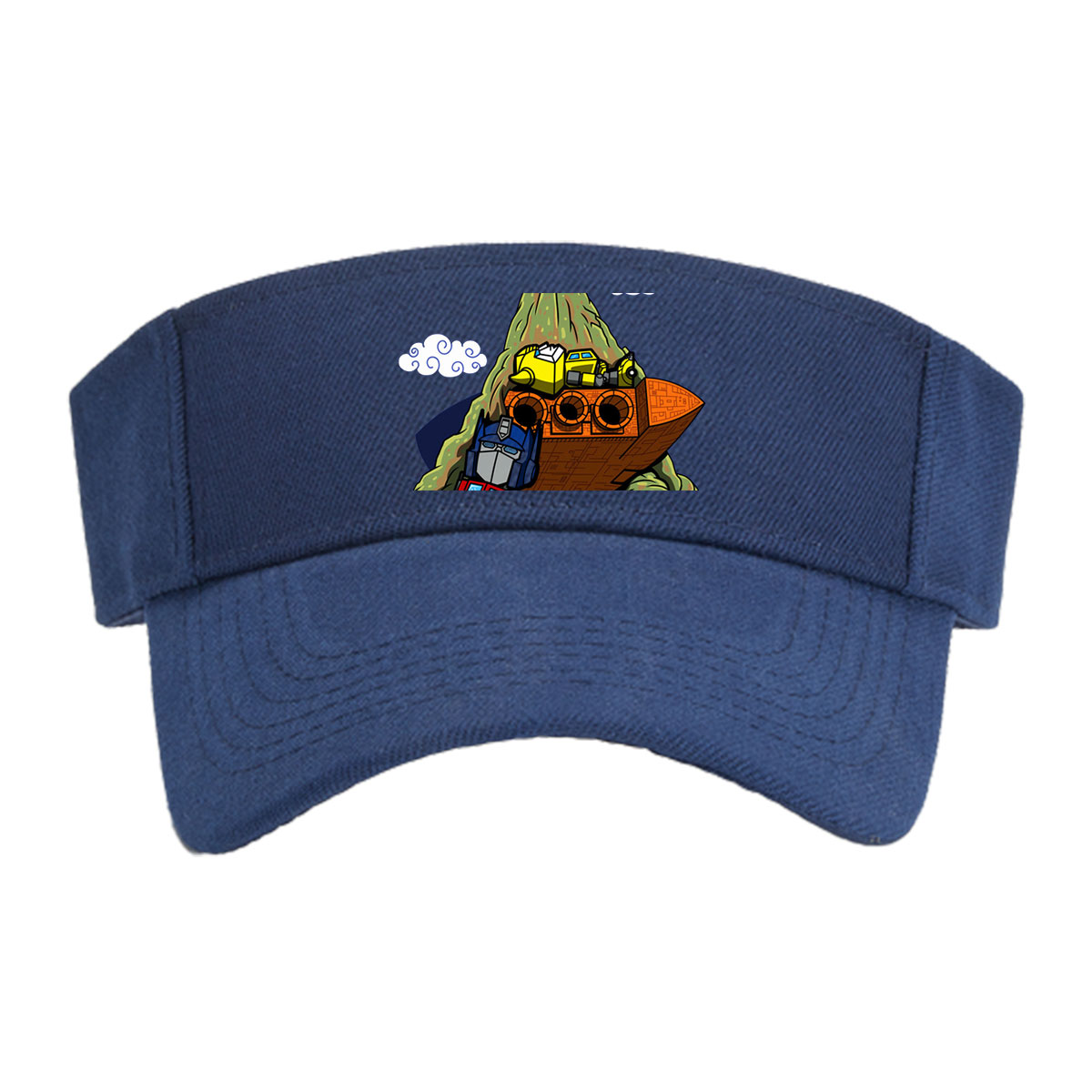 Optimus Prime and Bumblebee atop a mountain with a spaceship, cartoon style -  Visor cap