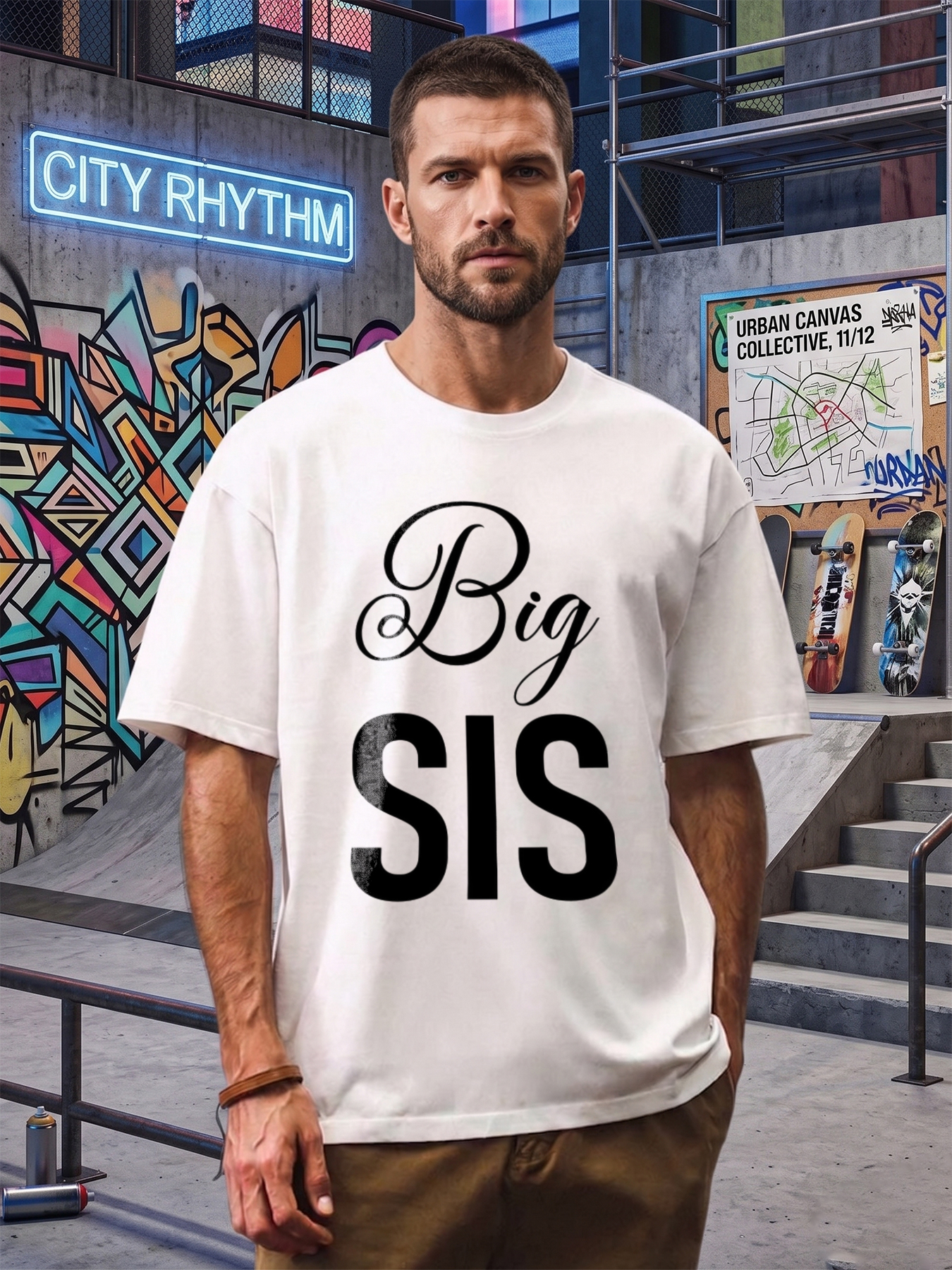 Men's Big Sis Printed T-Shirt Casual Round Neck Summer Lightweight Breathable Short Sleeve Tee for Family Outings and Everyday Wear Adult Unisex Style