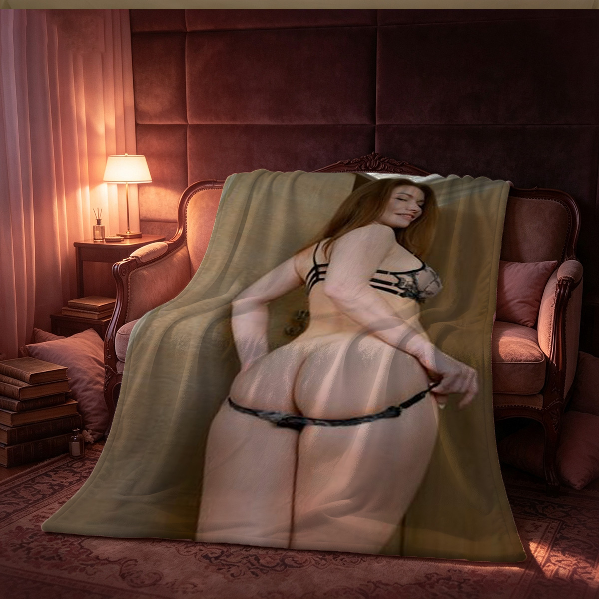 Nude woman in white lace panties lifting her bra on bed - Blanket