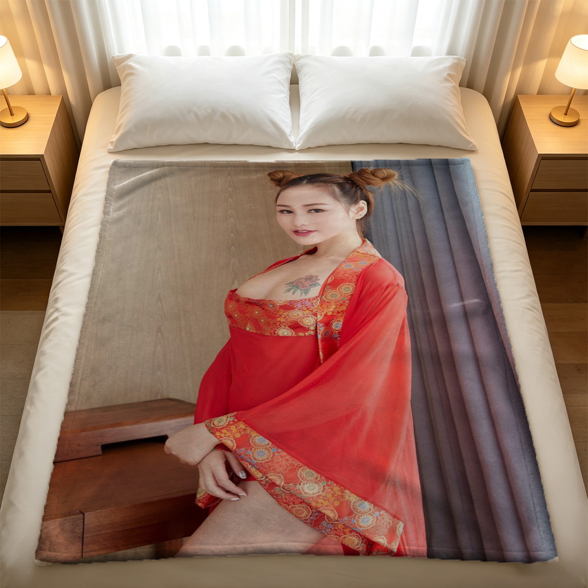 Nude Scarlett Johansson posing on bed in luxury bedroom - Blanket