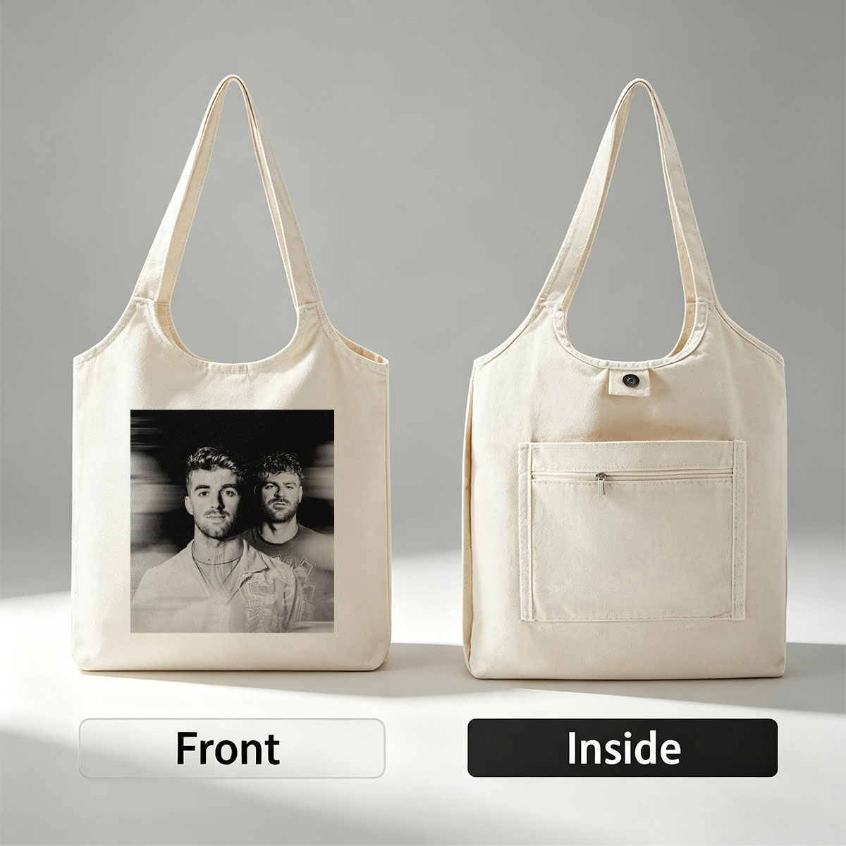 Liam Payne and a Friend in a Black-and-White Portrait with Blurred Background - Canvas shoulder bags/