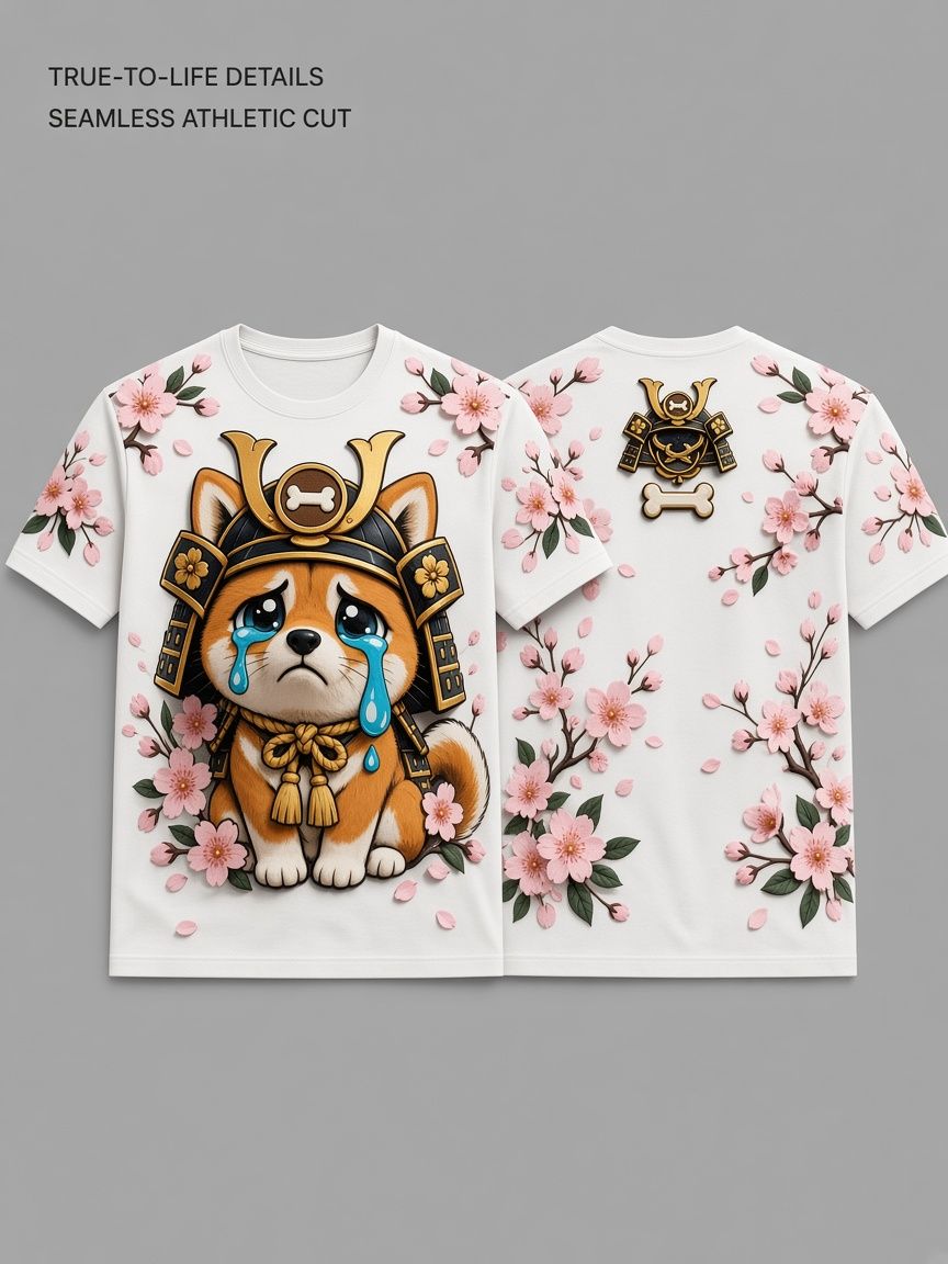 Samurai Dog Sakura 3D Optical Illusion Graphic Tee Breathable Athletic Mesh T-Shirt for Casual and Sports Wear