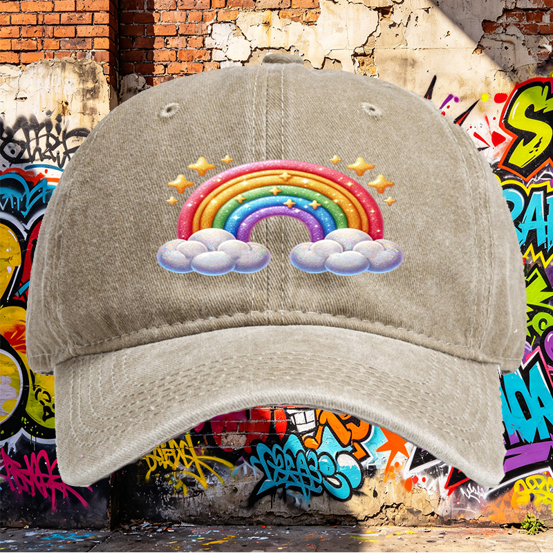 Unisex Classic Washed Cap Rainbow Clouds Print - Perfect for Casual Outings, Beach, and Daily Wear - Ideal for Youth and Adults Seeking Fun, Colorful Style