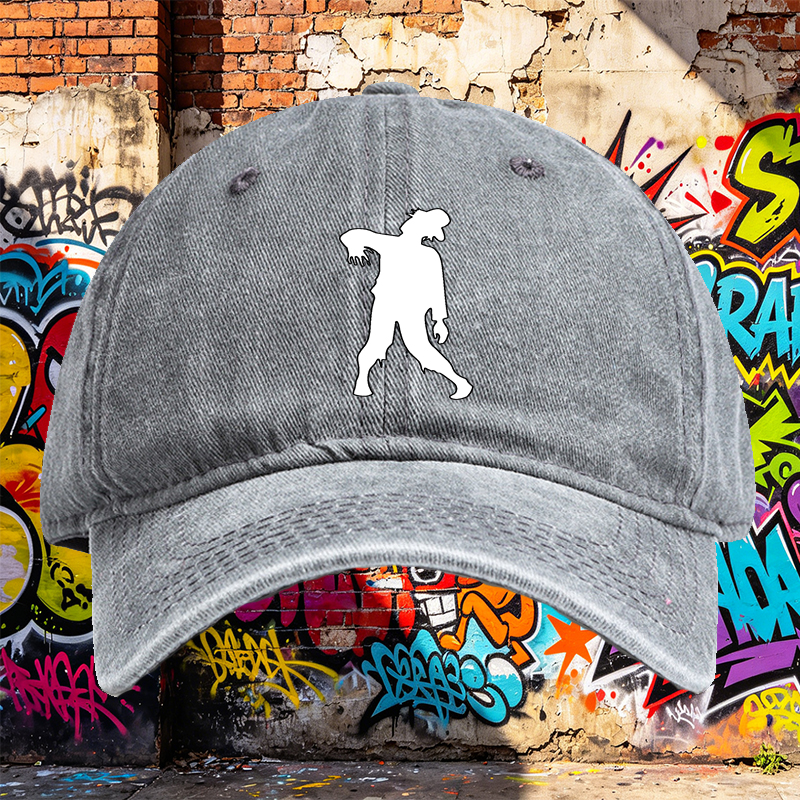 Unisex Classic Washed Cotton Hat with Zombie Silhouette Print – Perfect for Halloween, Outdoor Adventures, and Casual Wear – Ideal for Teens and Adults Seeking Unique Streetwear Style