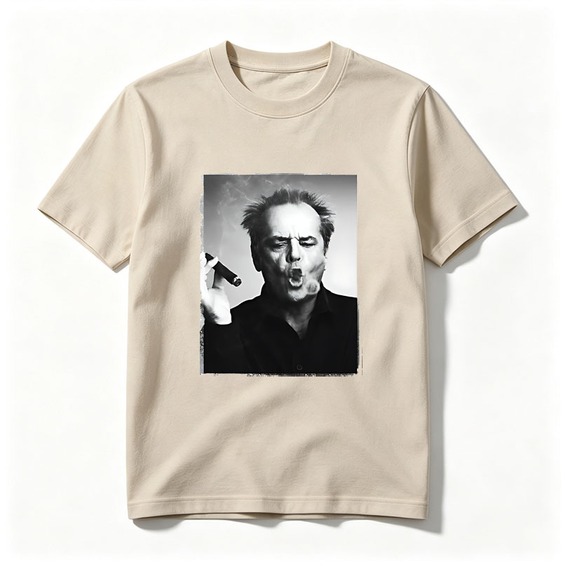 Jack Nicholson smoking a cigar, intense expression, black and white portrait - Tee
