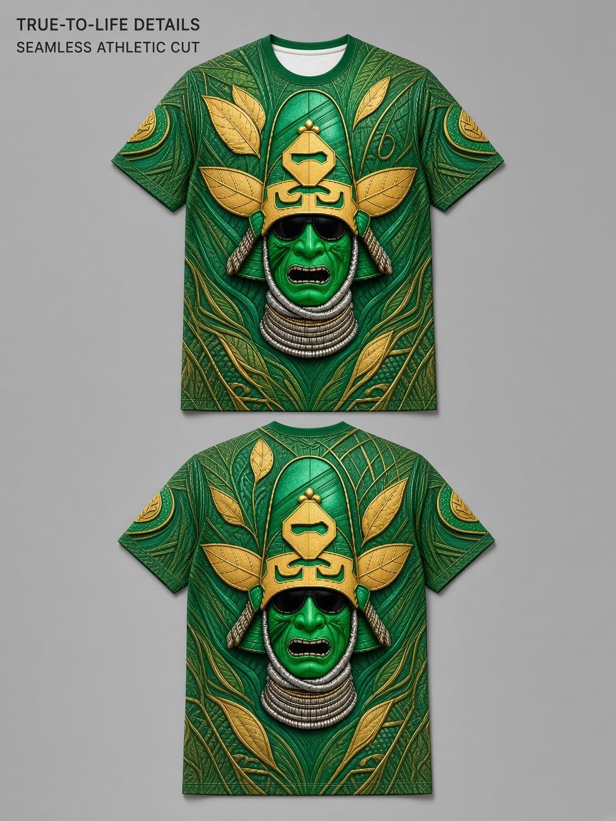 Green Tribal Warrior Mask 3D Optical Illusion Graphic Tee Breathable Athletic Mesh T-Shirt for Casual and Sports Wear